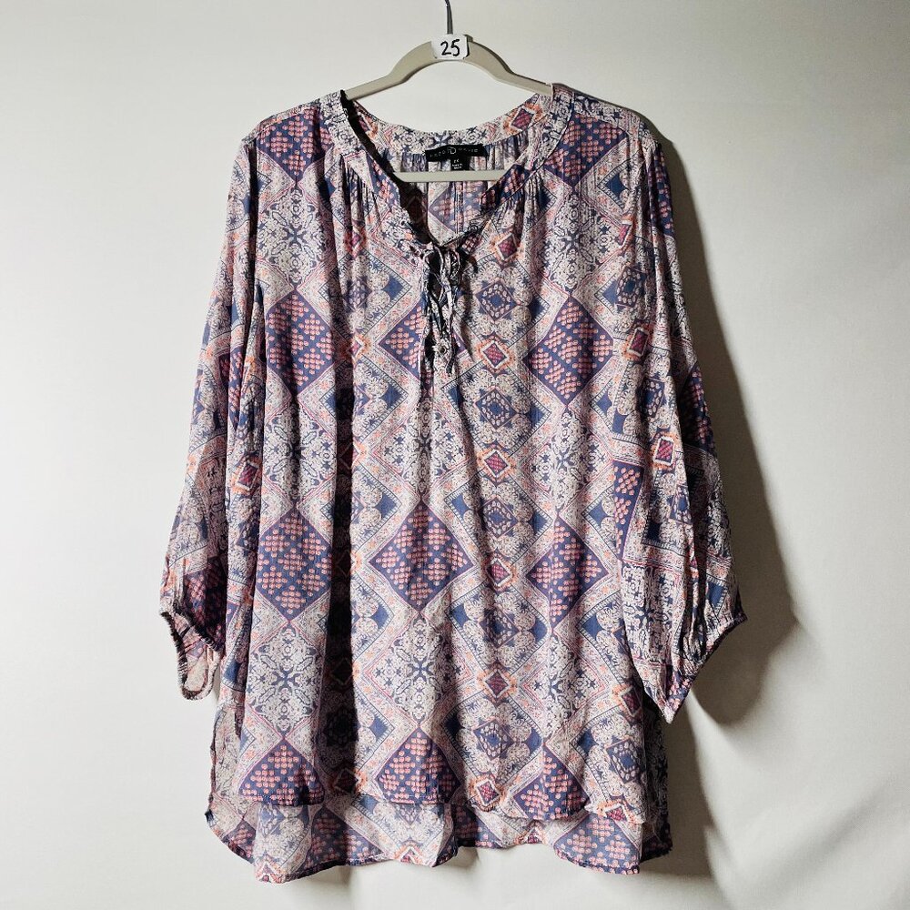 Fred David Womens Multicolor Geometric Tile Print Boho Peasant Blouse Top Sz 2X